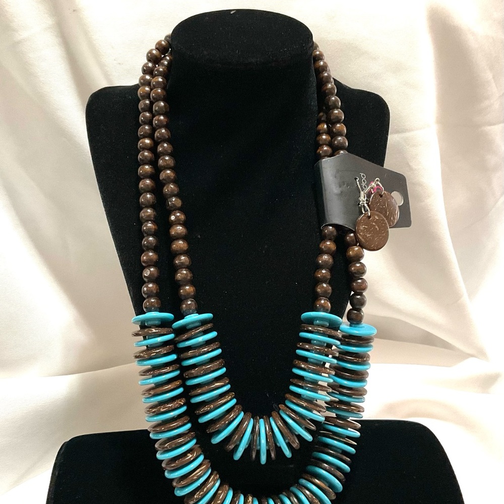 New Paparazzi Dominican Blue Disco Brown wooden beads  Necklace & Earring Set